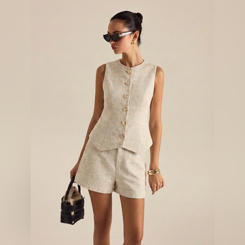 Commense Tweed Buttoned Vest & Mini Shorts Set